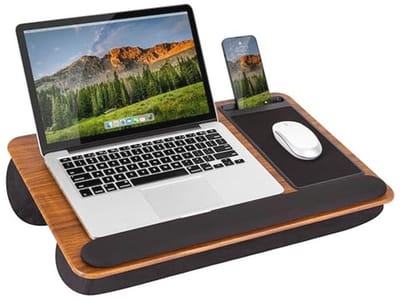 LAPGEAR Home Office Pro Schootbureau met polssteun, muismat en telefoonhouder - Espresso Woodgrain - Geschikt voor laptops tot 15,6 inch - Stijl nr. 91612