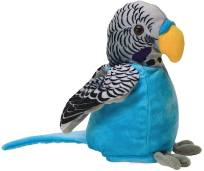 75674 - Labertier parkiet Caruso, ca. 21 cm groot, sprekend pluche dier met afspeelfunctie, plappert alles grappig en beweegt op batterijen