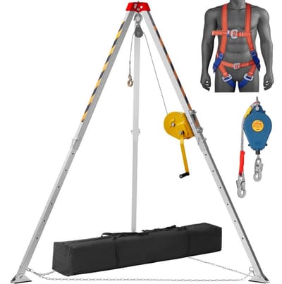 Reddingsstatief Set - Reddingsdriepoot met Lier - Liercapaciteit 816 kg - Poten 213 cm - Kabel 30 m - Valbeveiliging 10 m - Harnas Inbegrepen - Voor Besloten Ruimtes