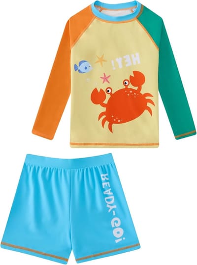 Zwemset voor jongens met lange mouwen en dierenprint, 2-delige set met shirt en zwemshort, ideaal voor strand en zwembad, sneldrogend en rekbaar