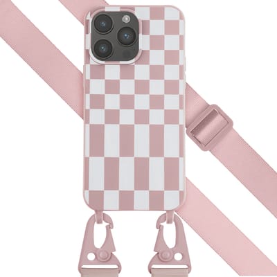 Selencia Hoesje - Geschikt voor Apple iPhone 14 Pro Max - Siliconen design hoesje met afneembaar koord - Irregular Check Sand Pink