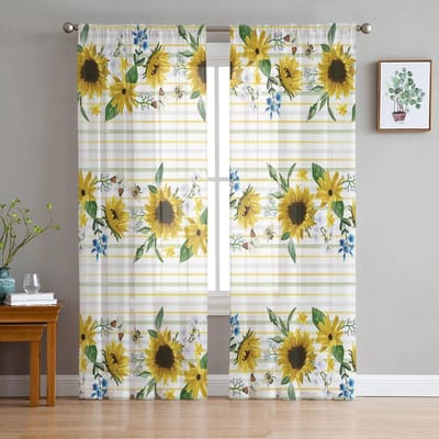Zonnebloem Strepen Idyllische Tule Gordijnen voor Slaapkamer Hal Woonkamer Decor Chiffon Gordijn voor Balkon Keuken Huis Gordijnen 135W x 114H(cm) white