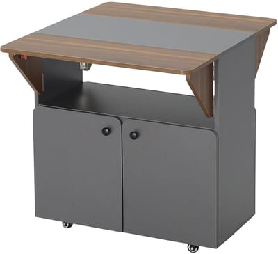 Pugsdrly - Klaptafel - Met rolkast - Twee uitklapbare tafelzijkanten - Opbergvak - 4 wieltjes - Lichtgrijs en donkerbruin - 70x83x75 cm
