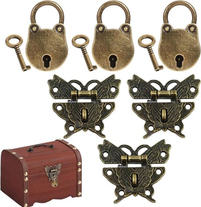 Antieke Vintage Mini Hangsloten Set van 3, Ideaal voor Houten Sieradenboxen en Meubels met Sleutels en Schroeven