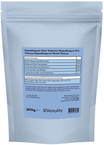 Vetality Hondensnack Hypoallergeen - 200 gram - Hert - Hondenkoekjes Vrij van Granen en Toevoegingen - Voor Training en Beloning