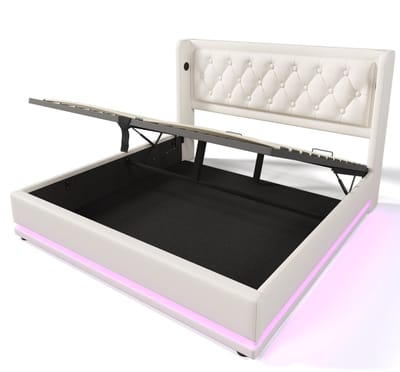 COVREO Gestoffeerd bed met opbergruimte en USB-C – 190x210x100,5 cm – Tweepersoonsbed van kunstleer – met LED-verlichting – Wit - zonder matras