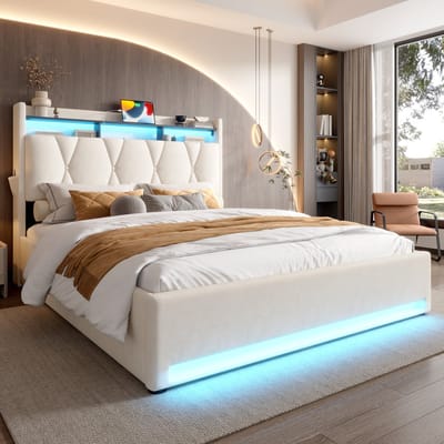 MODENUIT Gestoffeerd Bed 140x200 cm – Ledverlichting en Usb-C – Opklapbaar Hoofdbord met Opbergruimte – Zonder Matras – Beige