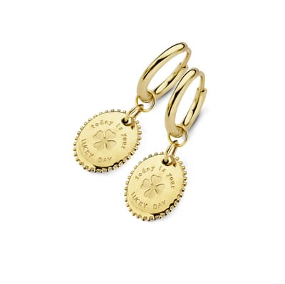 CO88 Collection Divine 8CE-70347 Stalen oorringen met hanger - ovaal - klaver - 12 mm - Goudkleurig