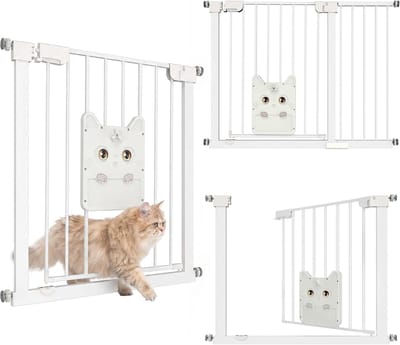 ACXIN Traphekje Zonder Boren 105-115 cm - Met Grote Kattenluik - 180° Dubbelzijdig Openend - Autoclose Dubbel Slot - Metalen Veiligheidshekje voor Baby Hond Kat - Wit