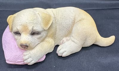 Decoratief beeld "slapende hond op kussen" - polyresin - Beige + meerkleurig + roze kussen - hoogte 6 x 16 x 15 cm - Woonaccessoires - Woondecoratie - Decoratieve beelden