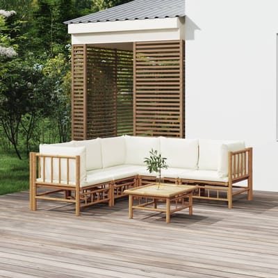 vidaXL - 6-delige - Loungeset - met - kussens - bamboe - crèmewit