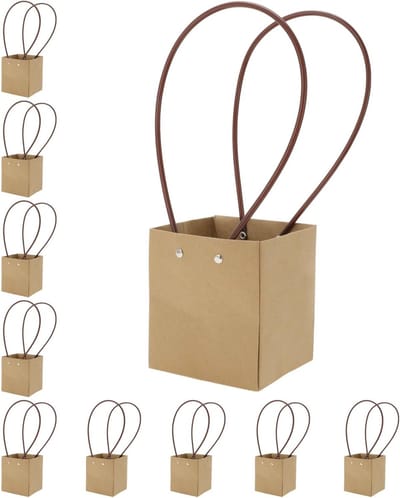 10 stuks bloemenzakken met handvat, boeketzakken voor bloemen, geschenkverpakking voor verjaardag, bruiloft en feestdagen, 11 x 11 x 13 cm, geelbruin