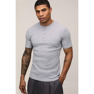 Muscle Fit Geribbeld Henley Hals Korte Mouw T-Shirt | Grey Marl | Size XS