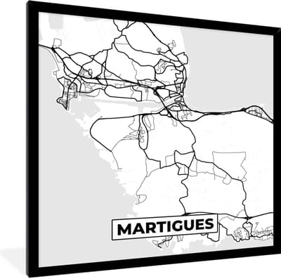 Fotolijst incl. Poster Zwart Wit- Stadskaart – Martigues - Plattegrond – Kaart – Frankrijk - Zwart wit - 40x40 cm - Posterlijst