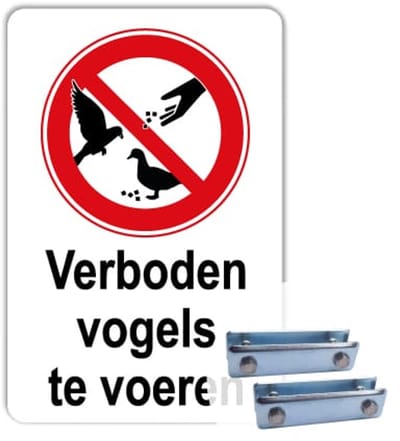 Bord Verboden vogels te voeren - Weerbestendig Aluminium - 40x60 cm - Bevestiging: Met hekbeugels (voor spijlen- of gaashek)
