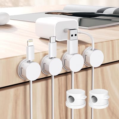 Magnetische Kabelhouder met Draaiende Basis voor USB Oplaadkabels - Kabelbeheer en Organisatie (Wit, 6 Stuks)
