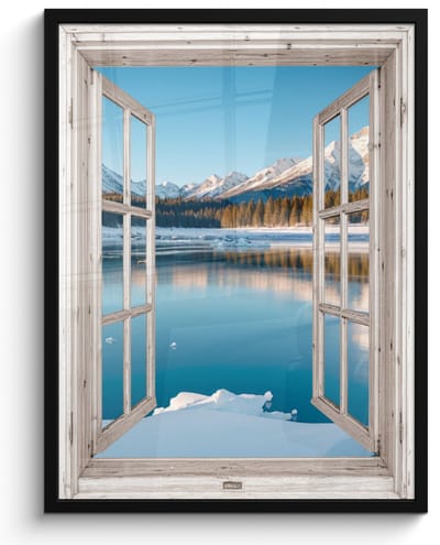 Poster in lijst - Fotolijst 50x70 cm - Posters - Landschap - Winter - Meer - Bergen - Uitzicht - Doorkijk - Licht - Posterlijst zwart - Decoratie - Wanddecoratie woonkamer - Muurdecoratie slaapkamer