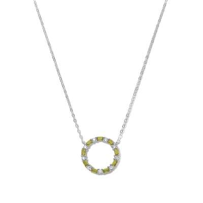 New Bling 9NB-1063 Zilveren Ketting met Zirkonia Hangertje Cirkel - 18mm Doorsnee - Olijf Groen Wit - 40+5cm - Rhodium - Zilver
