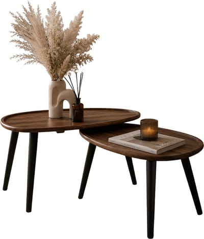 MISOU Bijzettafel - Set van 2 - Acacia Hout - Driehoekig - Tafeltje - Salontafels- Bijzettafels - Koffietafel - Bijzettafeltjes woonkamer - Bruin - 60x40cm - GAIA