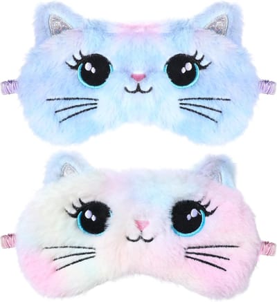 2 Stuks 3D Pluche Slaapmasker voor Kinderen, Zacht en Comfortabel, Ideaal voor Naps en Reizen, Geschikt voor Meisjes en Jongens (Kat, Regenboogkleuren)