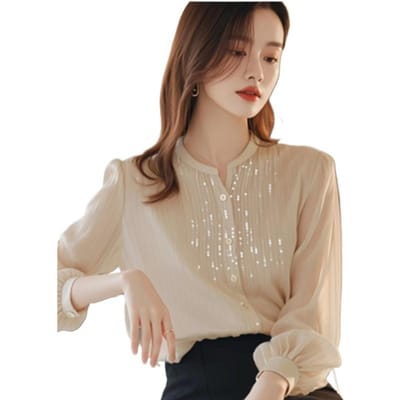 Vroege Herfst Nieuwe Buitenlandse Stijl Chic Shirt Temperament Beige Pailletten Shirt Top Dames Zomer 2XL beige