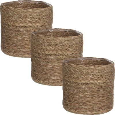 Mica Decorations Plantenmand - 3x stuks - naturel bruin - rotan - 16 x 16 cm - Met plastic binnenkant