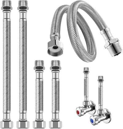 Flexibele RVS Slang 3/8 Inch met Unie Moer en Mannelijke Draad - 20 cm en 10 cm Verlengslang voor Kraan, Hoekventiel en Douchekop