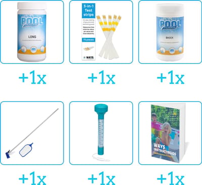 Zwembad Onderhoudspakket - Onderhoud Zwembad - bevat Chloor - Testrips - Chloor - Schoonmaakset - Thermometer en Zwembadgids (6-delig)