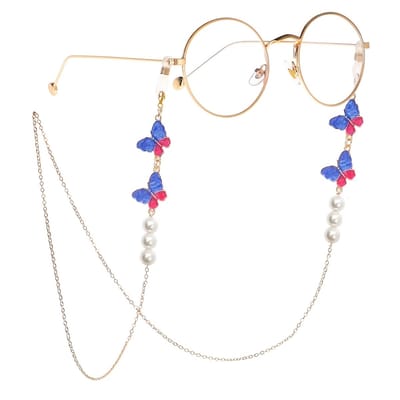 Blauw vlinder brillenketting met parels – decoratief brillenkoord dames – brillenbandje voor zonnebril en leesbril