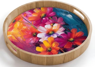 Dienblad rond 40x40 cm - Schootdienblad hout - Felle bloemen - Dynamisch - Levendig - Borrelplank rechthoek - Plateau houten dienbladen