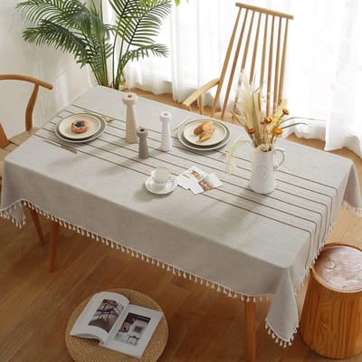 Rechthoekig tafelkleed voor buiten, vuilafstotend, wasbaar, stof, eettafel, keuken, picknick, tafelkleed, pompon-design, tafeldecoratie