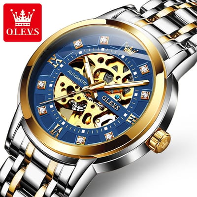 HO-9901.gz-bl : Olevs goudzilverkleurig automatisch/mechanisch edelstaal heren skeleton horloge, blauwe wijzerplaat, 3BAR, tourbillon, luminiscerend