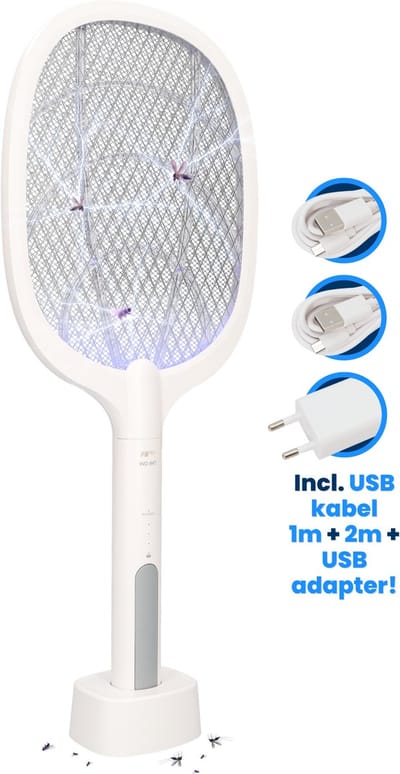 FB947 - Elektrische Vliegenmepper - Vliegenvanger - Vliegenlamp - Insectenlamp - Muggenlamp - Fruitvliegjes vanger - Vangt ook muggen & meer - UV lamp als muggenvanger - Oplaadbaar - USB kabel van 1m + 2m + oplaadblok voor USB