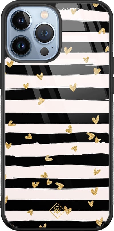 Casimoda® hoesje - Geschikt voor iPhone 13 Pro Max - Hart Streepjes - Luxe Hard Case Zwart - Backcover telefoonhoesje - Zwart