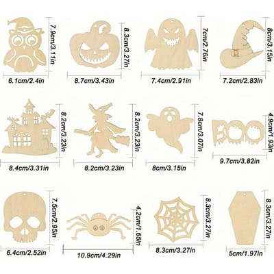 60 Stuks Halloween Houten Uitsnijdingen voor Knutselen, Voorboorde Houten Halloween Hangdecoraties, Diverse Vormen 60pcs beige