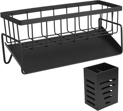 Praktische zwarte sponshouder voor de keuken, zelfledigende opbergbox voor afwasmiddel en accessoires, ideaal voor badkamer en keuken