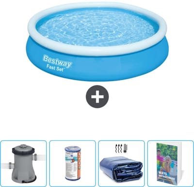 Bestway Rond Opblaasbaar Fast Set Zwembad - 366 x 76 cm - Blauw - Inclusief Pomp - Filter - Solarzeil - Zwembadgids