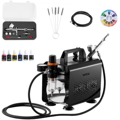 VEVOR Airbrush Set 1/6 HP met Luchtcompressor, 1 Dual Action Airbrush Pistool met 3 Nozzles (0,2/0,3/0,5 mm) & Slang & Acrylverf & voor Taartdecoratie Model Schilderen Nail Art Laag Geluidsniveau