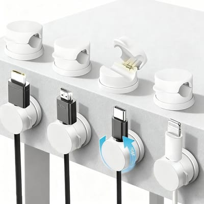 Set van 8 Magnetische Kabelhouders met Adhesief, 360° Rotatable, Kabelclips voor USB, HDMI en Audiokabels, Desk en Bed Organiser, Efficiënte Kabelbeheer in Wit