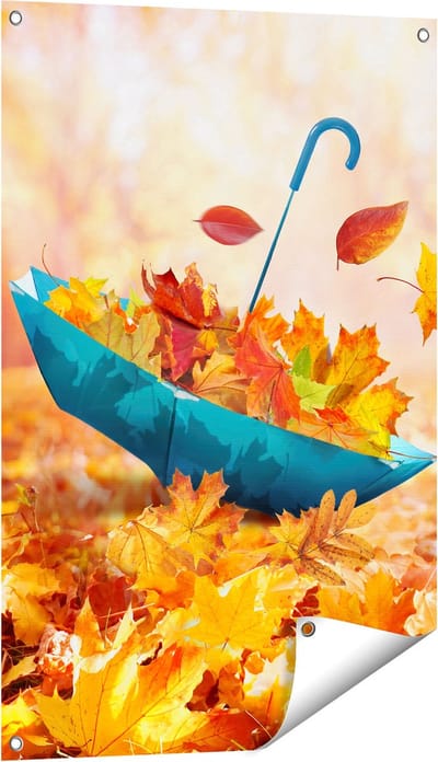 Gards Tuinposter Blauwe Paraplu in de Herfstbos met Bladeren - 60x90 cm - Tuindoek - Tuindecoratie - Wanddecoratie buiten - Tuinschilderij