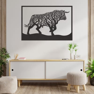 Wanddecoratie Stier - Muurdecoratie Stier - Muurdecoratie Hout - Wanddecoratie Hout - Muurdecoratie Woonkamer - Wanddecoratie Woonkamer - Wanddecoratie Industrieel - Wanddecoratie Dieren - Home Decor - Wall Line Art - 87 x 59 cm