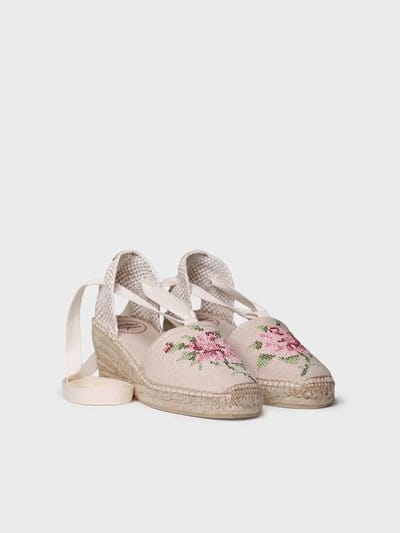 Vegan dames espadrille van katoen met borduurwerk en sleehak | VENICE