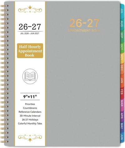 Afsprakenboek Planner - Academische Jaarplanner - Dagelijkse Urenplanning - Kleurrijke Tabbladen - 23x23cm - Grijs