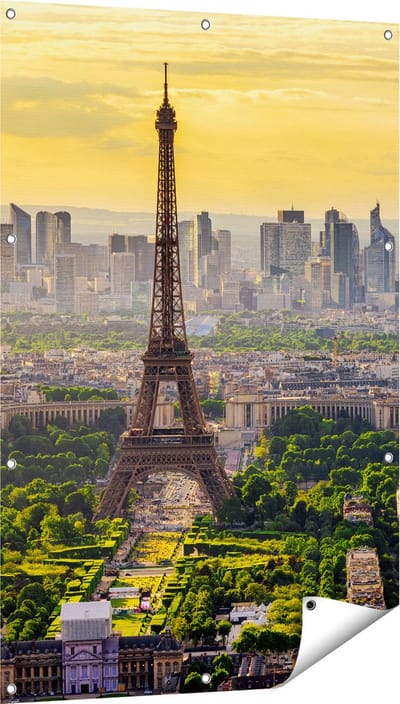 Gards Tuinposter Skyline van Parijs met de Eiffeltoren - 80x120 cm - Tuindoek - Tuindecoratie - Wanddecoratie buiten - Tuinschilderij