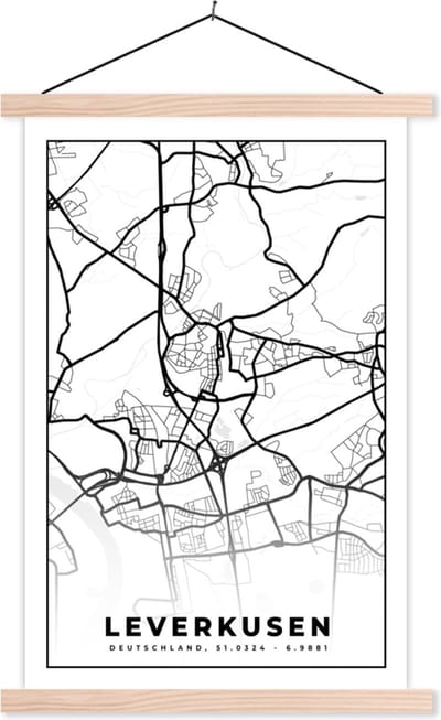 Posterhanger incl. Poster 40x60 cm - Schoolplaat - Plattegrond - Leverkusen - Kaart - Stadskaart - Textielposter - Blanke latten - Stadskaart