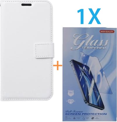 Bookcase Geschikt voor: Apple iPhone 16 Pro Max - Wit - portemonnee hoesje - + 1X Tempered Glass Screenprotector
