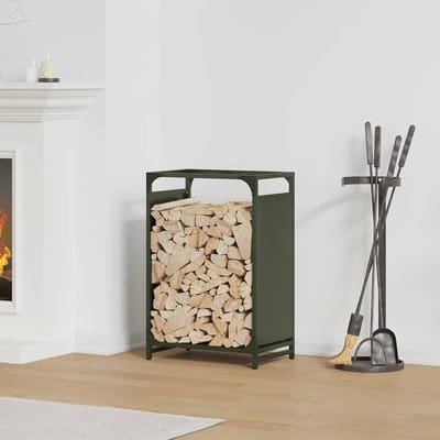 Gecheer 864198 Brandhoutrek olijfgroen, 44 x 28 x 65 cm, koudgewalst staal, haardhoutrek voor binnen en buiten, kampvuur, camping, reizen