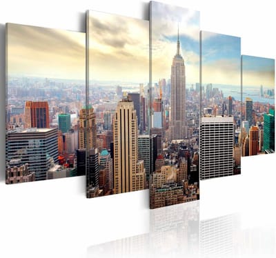 Schilderij - New York City - Zonsopkomst, Multi-gekleurd, 5luik, wanddecoratie