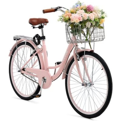 VEVOR Cruiser Bike (Banddiameter 660,4 mm) Strandfiets met grote mand en bagagerek, Cruiser Bike met verstelbare zitting, voor fietsen, sporten en winkelen Roze