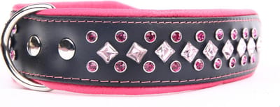 Dog's Companion Leren Halsband - met Strass Kristallen - Lengte: 45 cm Verstelbaar van 32-41 cm x 40 mm - Zwart/Roze